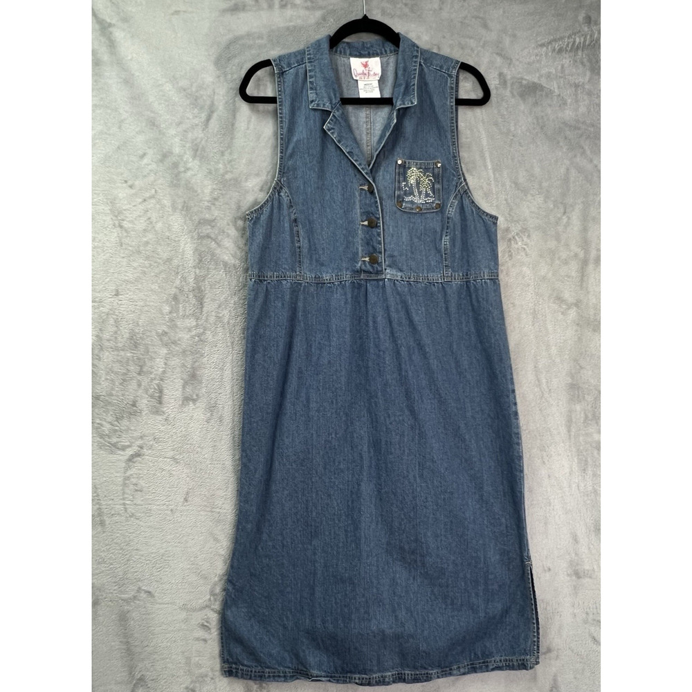 Vtg The Quacker Factory Denim Jumper Dress‎ Sz M Partial Button Down Studs